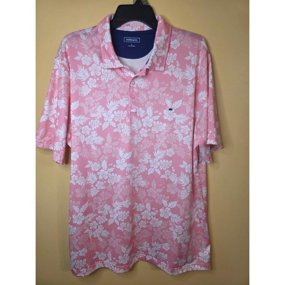 Crown & Ivy Mens Pink White Hibiscus Floral Print Performance Polo Shirt Large